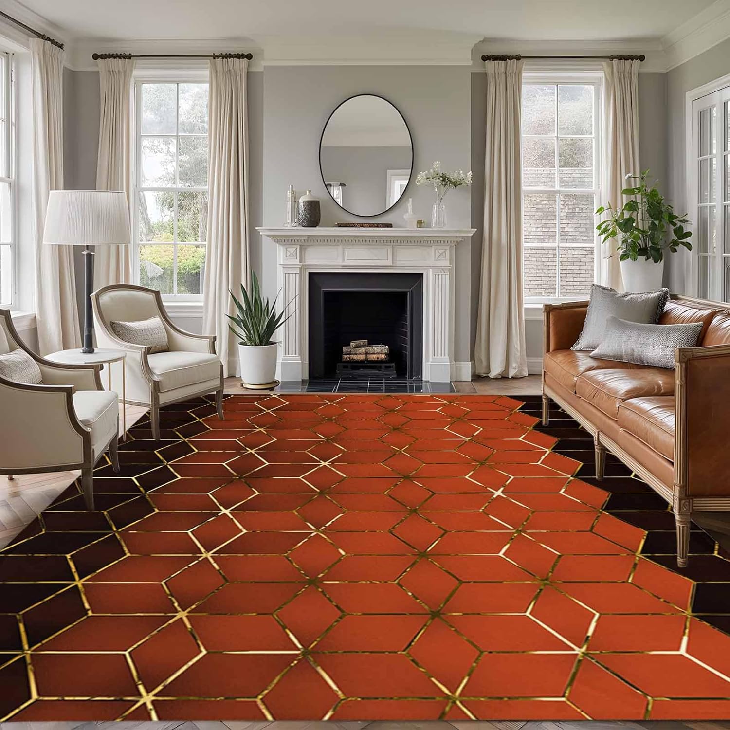 Large Area Rug 8'x10', Orange Geometric Non-Slip Runner Carpet for Living Room/Bedroom/Office, Ombre Modern Abstract Art Washable Outdoor Indoor Rectangle Area Rug Floor Mat for Kitchen/Dining Room