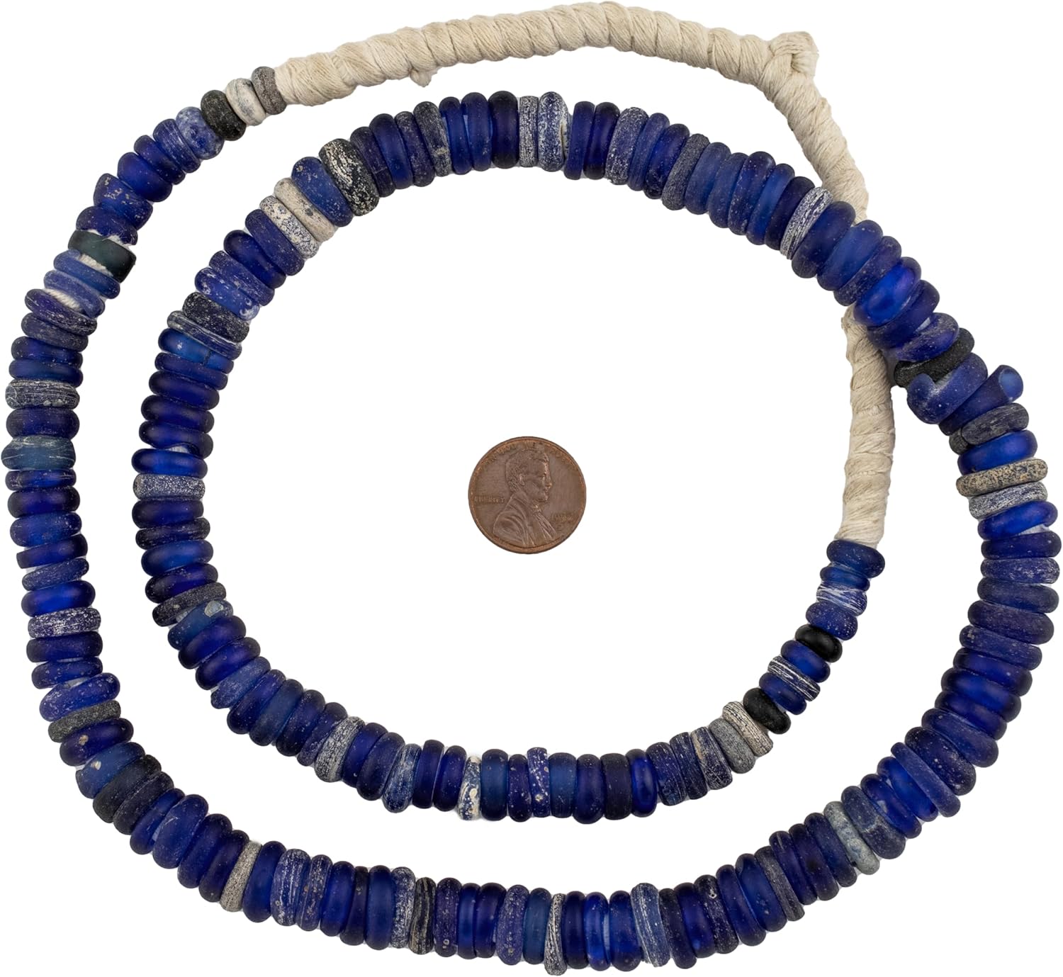 The Bead Chest Blue Old Annular Wound Dogon Beads 11mm Ghana African Disk Glass Large Hole 25-30 Inch Strand Handmade