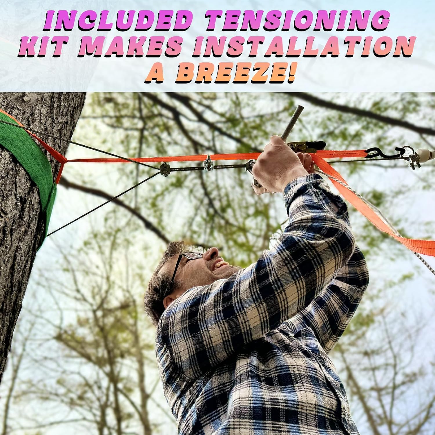 CTSC Zipline for Kids and Adult, Zip line Kits for Backyard with Stainless Steel Spring Brake, Cable Tensioning Kit, Safety Harness, 2 Tree Protectors and Full Set of Zip line Accessories