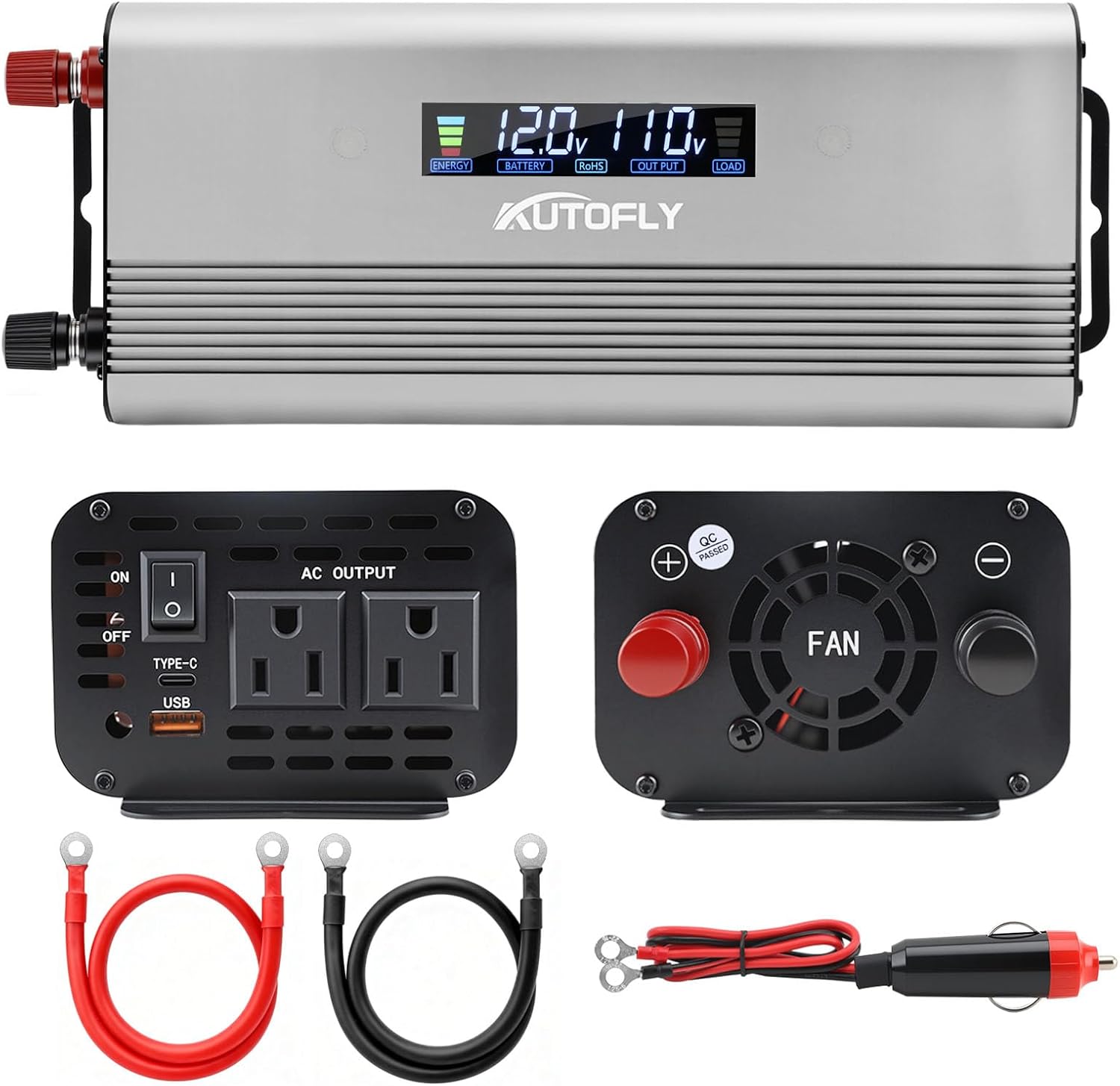 1000W Pure Sine Wave Power Inverter DC 12V / 24V to AC 110V(2 Outlets), 2000 Watt Peak Power, Car Charger Plug Inverter Adapter Converter with Type-C & USB Charging Ports LCD Smart Screen