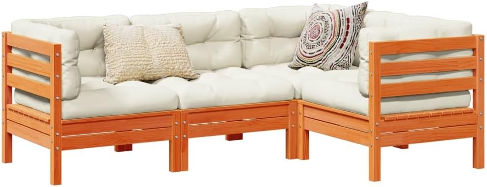 4 Piece Patio Sofa Set with Cushions Wax Brown Solid Wood Pine,Complete Outdoor Sofa Set: Durable and Comfortable Patio Furniture for Backyard and Terrace Patio Furniture Sets, Outdoor Furniture Sets