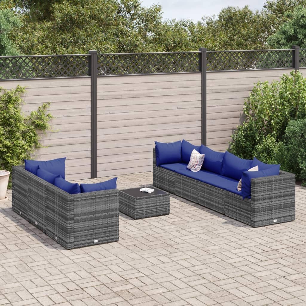 Furniture Sets 8 Piece Patio Lounge Set with Cushions Gray Poly Rattan,Modern Rattan Outdoor Furniture Set with Glass Table for Backyard, Patio, and Terrace Garden Conversation Sets