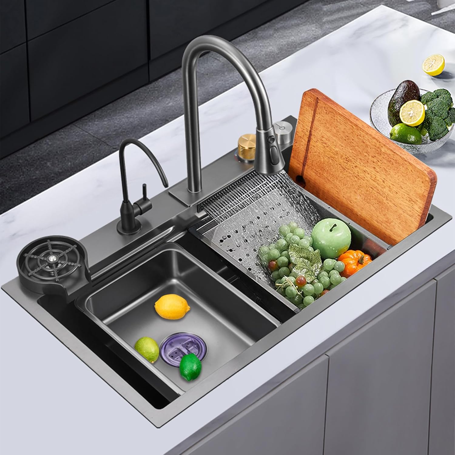 Multifunctional waterfall kitchen sink with waterfall faucet with cup washer and other sink accessories (Modern, Black-Grey)