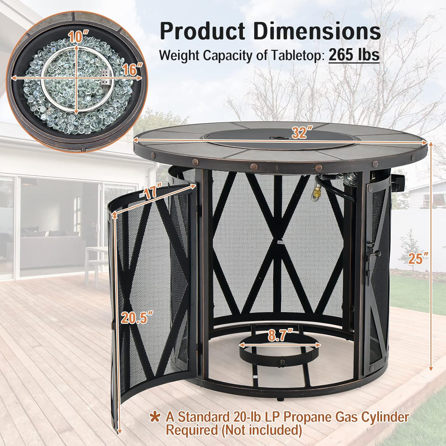 S AFSTAR 32-Inch Round Fire Table, 30,000 BTU Gas Propane Fire Pit Table W/Fire Glass Stones, PVC Cover, Auto-Ignition Propane Tank Fire Table Coffee Table for Outside Patio Deck