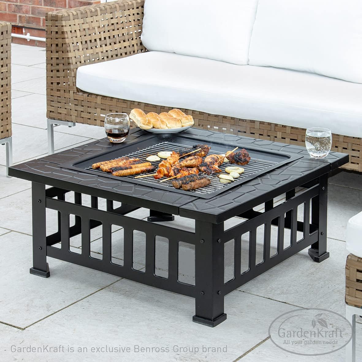 19609 3 in 1 Outdoor BBQ, Firepit & Ice Bucket/Stylish Outdoor Heater With Table Space/Burn Logs Or Charcoal/Includes Mesh Pit Cover, Stoker & PVC Grill Cover / 81cm x 81cm x 53cm