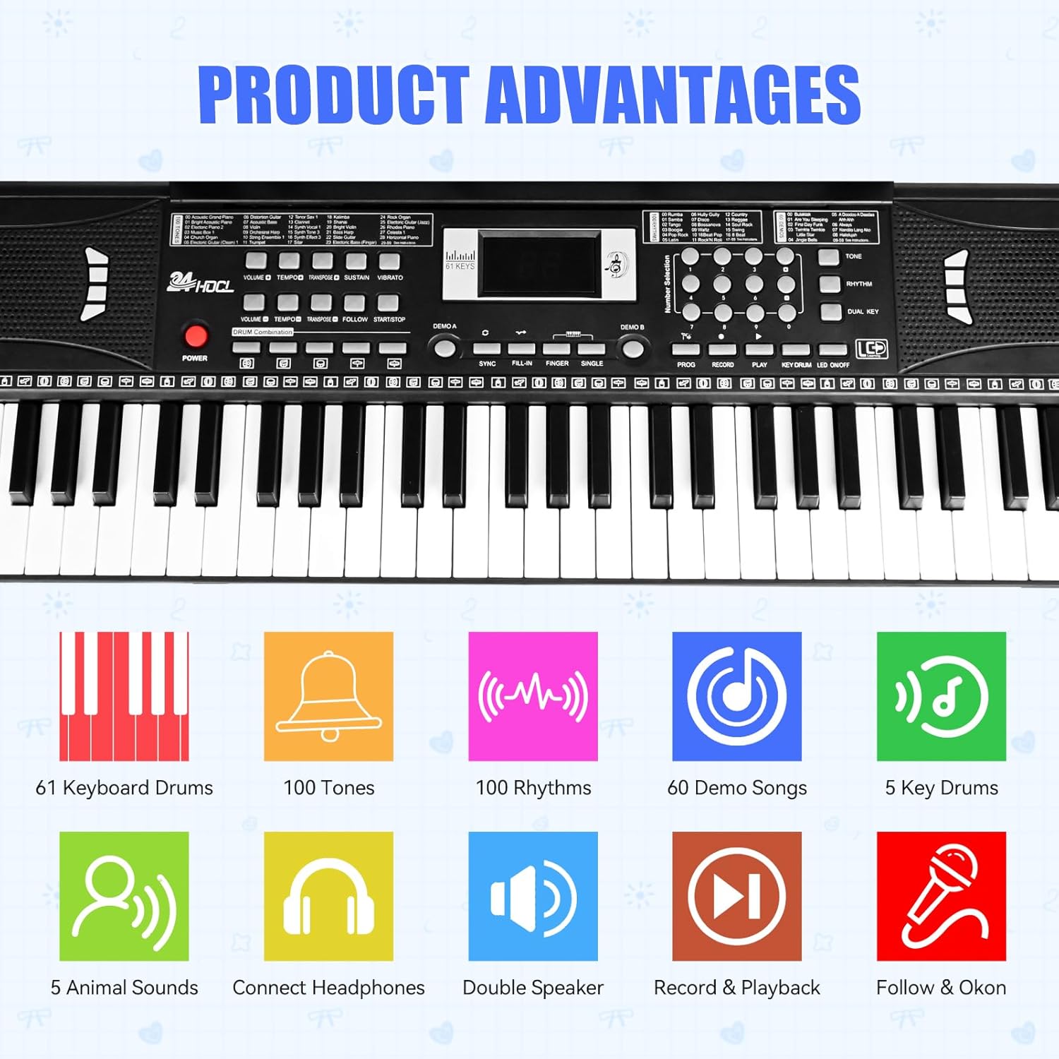 Piano Keyboard for Kids Beginner, 61 Key Digital Keyboard Piano Set with Headphone, Microphone, Music Sheet, Power Adapter, Piano Stand, Black