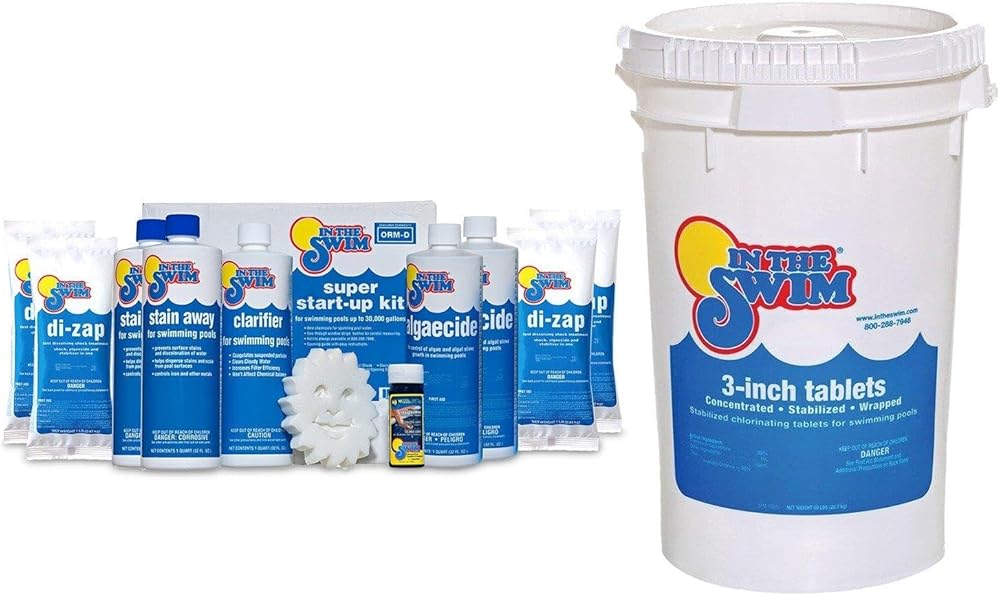 In The Swim Opening Kit and Chlorine Bundle - Pre-Measured Opening Kit for Easy Use - 50 Pound Bucket of 3-Inch Stabilized Chlorine Tablets - for Inground and Above Ground Pools Up to 35,000 Gallons