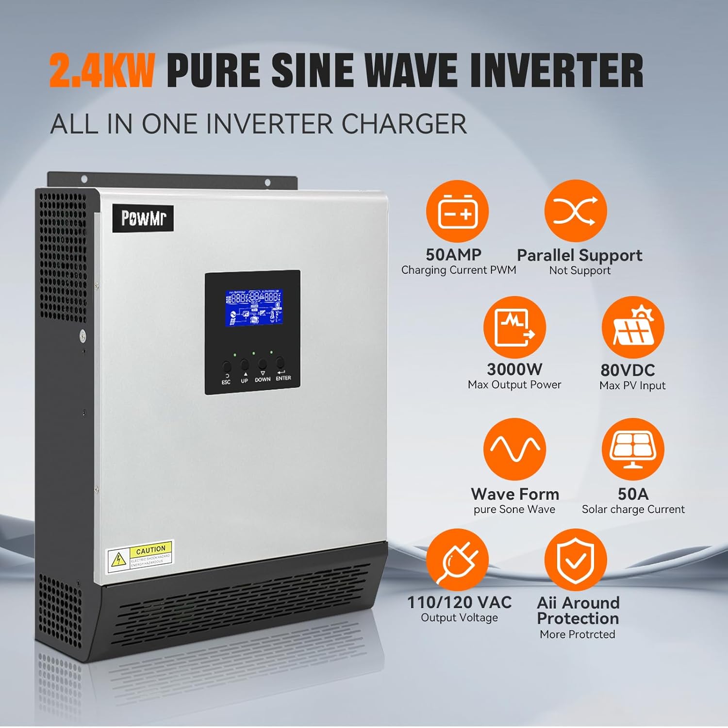 PowMr 2400W Solar Inverter, 24VDC to 110V/120VAC, Pure Sine Wave, 50A PWM Charge Controller, Hybrid Inverter for Homes, RV, 24V Lead-Acid, Sealed Gel/AGM Battery, Off-Grid Systems