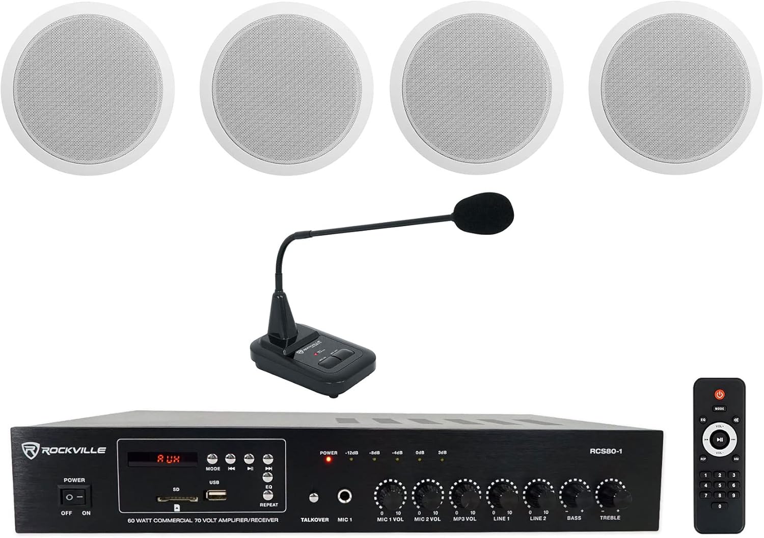 Rockville CCL6T Bundle: (4) White 6 in 70V Commercial Ceiling Speakers for Restaurant or Office, RCS80-1 60 Watt Bluetooth Amplifier, CH-MIC70 Gooseneck Paging Microphone with Chimes, 6-Items