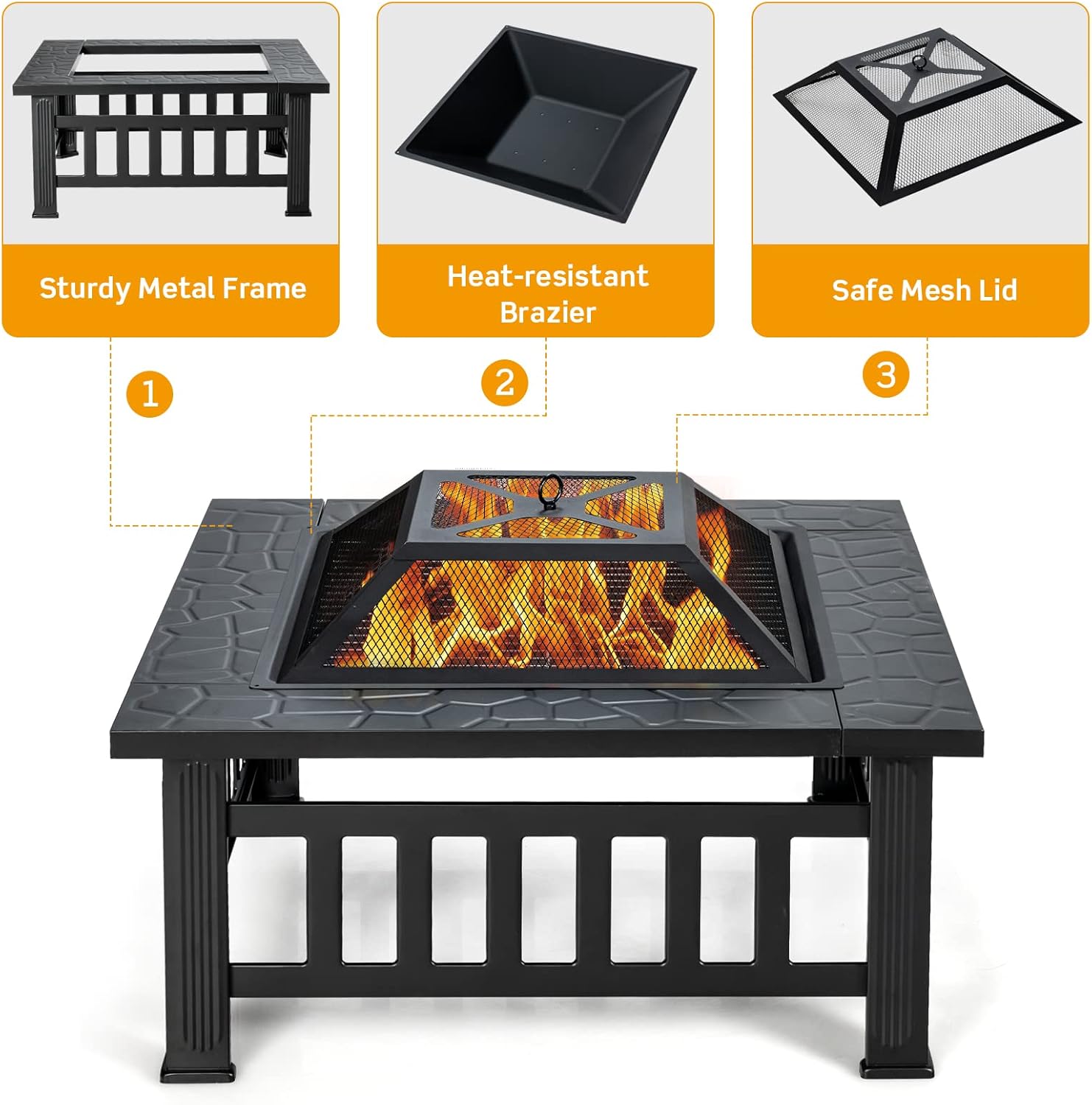 Tangkula 3 in 1 Outdoor Fire Pit, 32 Inch Square Steel Fireplace with Spark Screen, Log Grate, BBQ Grill, Poker, Rain Cover, Wood Burning Fire Pit Stove for Camping, Outdoor Heating, Bonfire