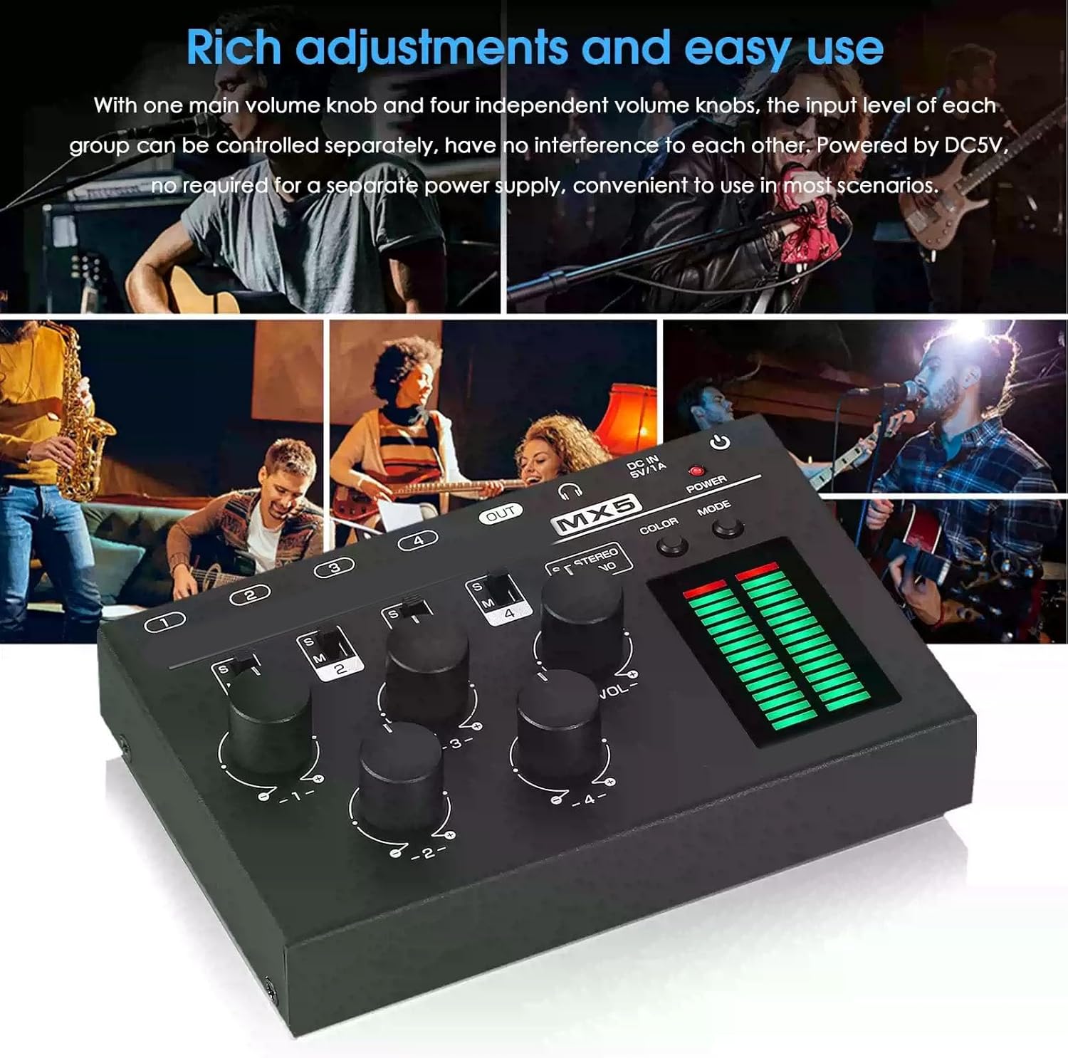 LiebeWH 4 Channel Audio Mixer Mini Sound Mixer with LED Level Display Stereo Mono Low Noise for PC CD Player Headphone Speaker Preamplifier
