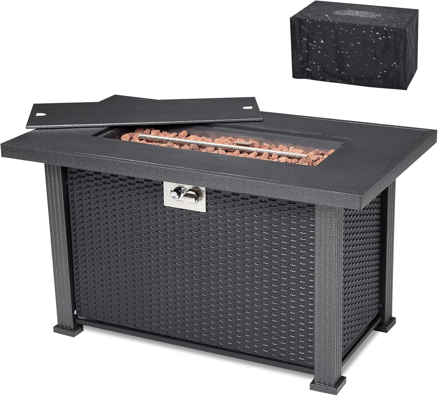 Propane Fire Pit Table 44 Inch, 50000BTU Rectangle Fire Table with Cover & Rain Cover, Sturdy Steel and Iron Fence Surface, CSA Safety Certified, Companion for Your Garden