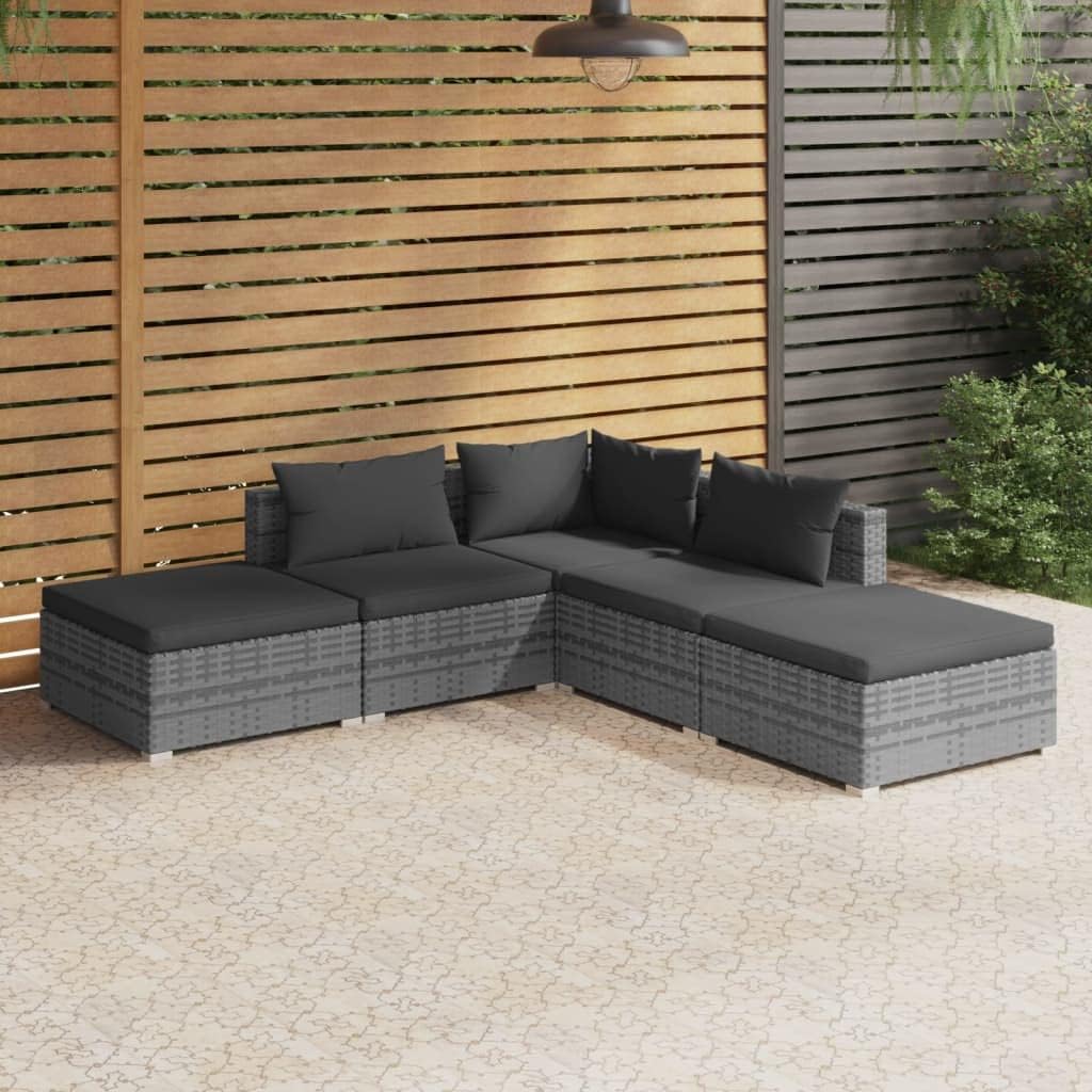 5 Piece Garden Lounge Set with Cushions Poly Rattan Gray,Sturdy and Stylish Patio Lounge Set with Premium PE Rattan for Ultimate Outdoor Relaxation Patio Furniture, Outdoor Furniture Sets