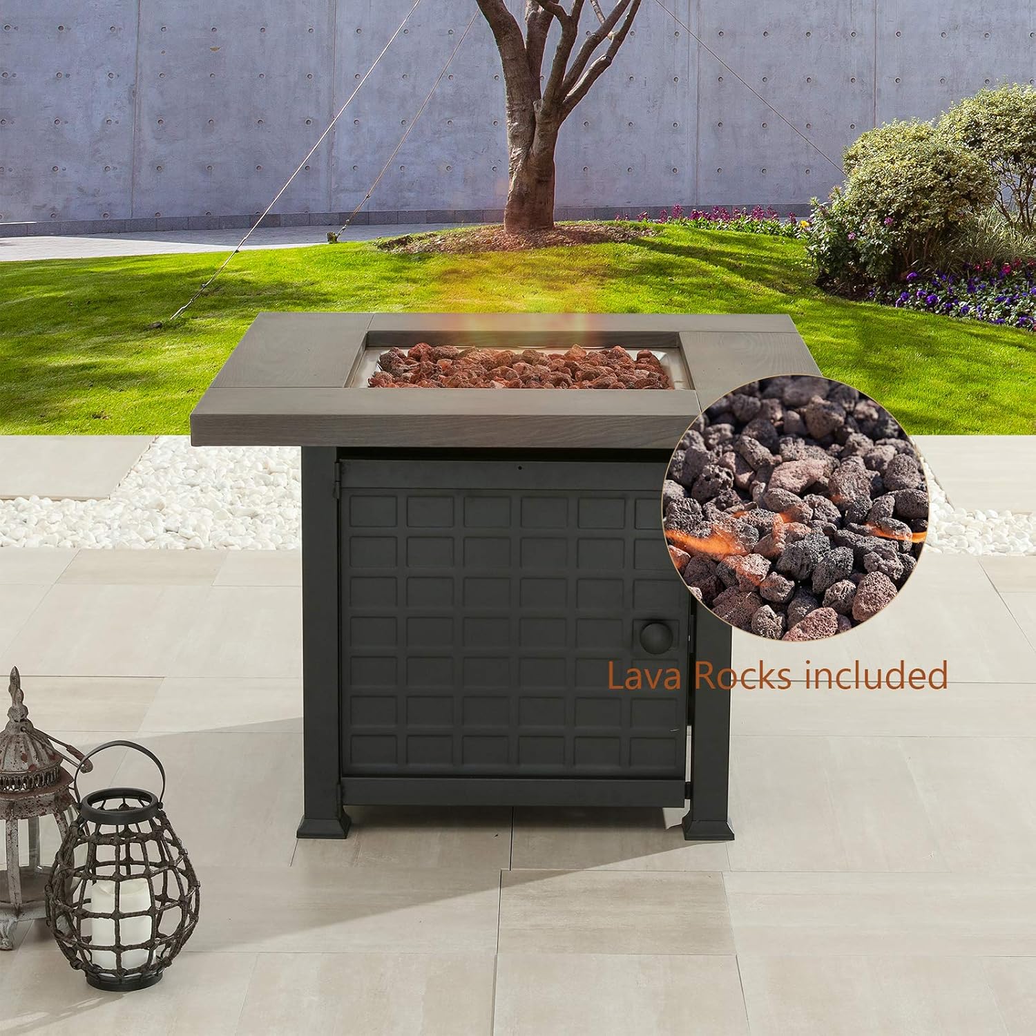 34 Inch Propane Fire Table Square Gas Fire Table Outdoor Firepit Black CSA Certification 50,000 BTU Auto-Ignition with Metal Tabletop, Bronze
