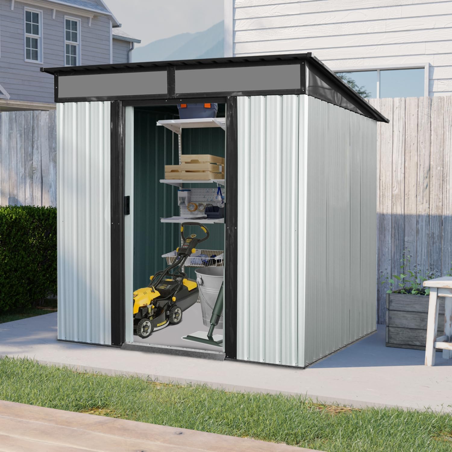 Geelife 6ft x 5ft Outdoor Metal Storage Shed with Lockable Doors and Transparent Panels (White/Black)