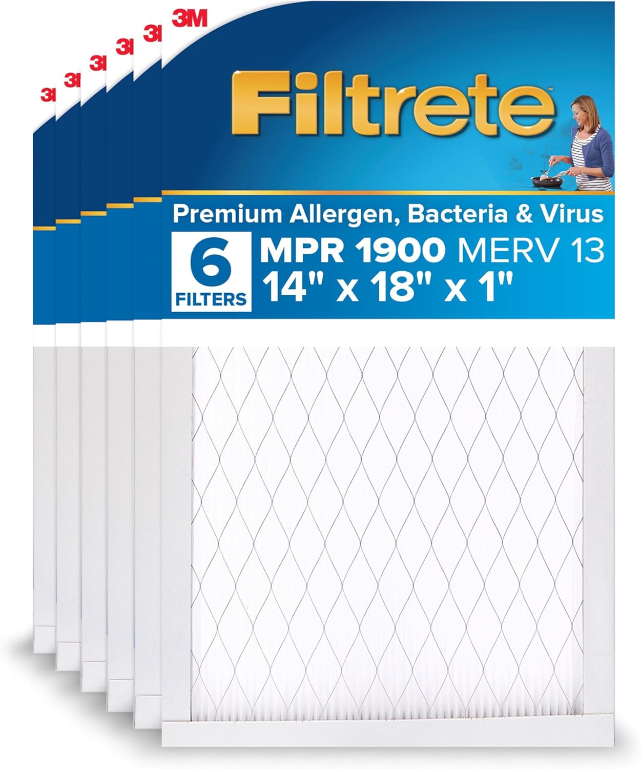 Filtrete 14x18x1 AC Furnace Air Filter, MERV 13, MPR 1900, Premium Allergen, Bacteria & Virus Filter, 3-Month Pleated Electrostatic Air Cleaning Filter, 6-Pack (Actual Size 13.81x17.81x0.81 in)