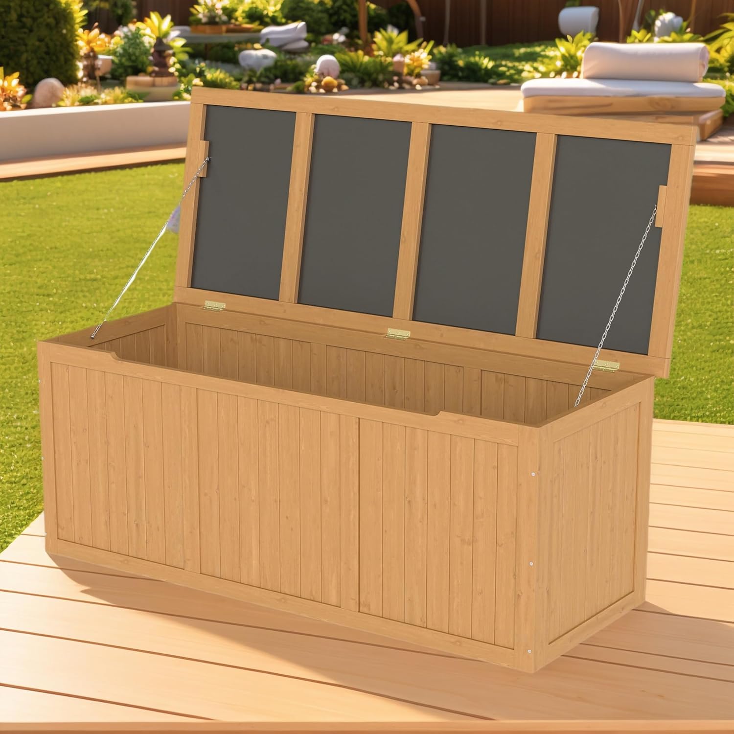 112 Gallon Outdoor Wooden Deck Box with Seat Top, Light Brown Solid Wood Storage Chest for Patio Cushions Pool Toys Garden Tools
