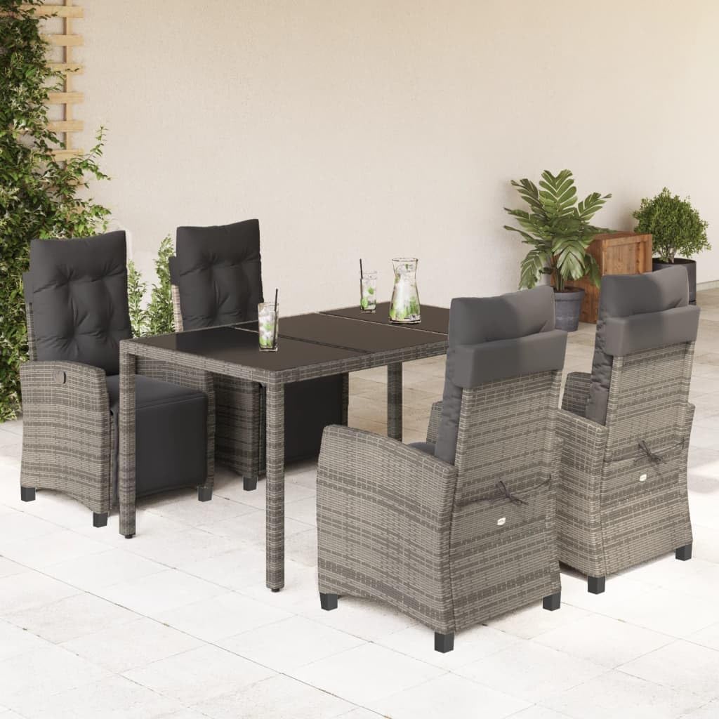 5 Piece Patio Dining Set with Cushions Gray Poly Rattan,Outdoor Dining Set with Adjustable Lounge Chairs and Glass Top Table for Patio, Garden, and Yard Patio Furniture Sets, Outdoor Furniture Sets