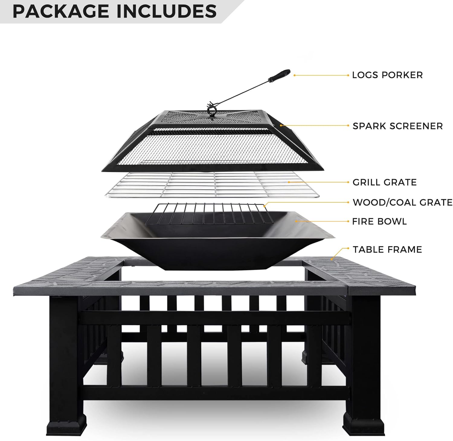 Fire Pit for Outside 3 in 1, Metal Square Outdoor Fireplace, Garden Stove with Spark Screen and Cover, Log Grate and Poker for Warmth | BBQ | Bonfire | Picnic | Camping, 32 inch