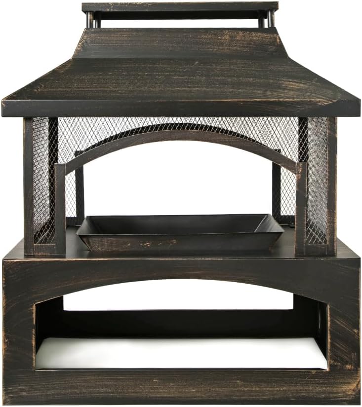 37 Inch Rectangular Metal Wood Burning Fire Pit with Built-in Log Storage and Poker - Bronze Finish Outdoor Fireplace for Patio, Garden, Backyard Gatherings