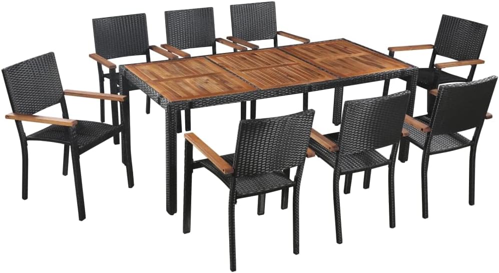 9 Piece Patio Dining Set Poly Rattan and Acacia Wood Black,VintageStyle Rattan Dining Set with Acacia Wood Table for Outdoor Patio Patio Furniture Sets, Outdoor Furniture Sets