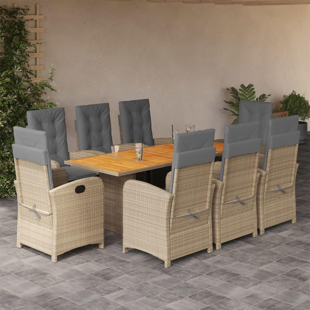 9 Piece Patio Dining Set with Cushions Gray Poly Rattan,HighQuality Outdoor Dining Set with Comfortable Reclining Chairs and Acacia Wood Table Furniture Sets for Patio, Lawn & Garden