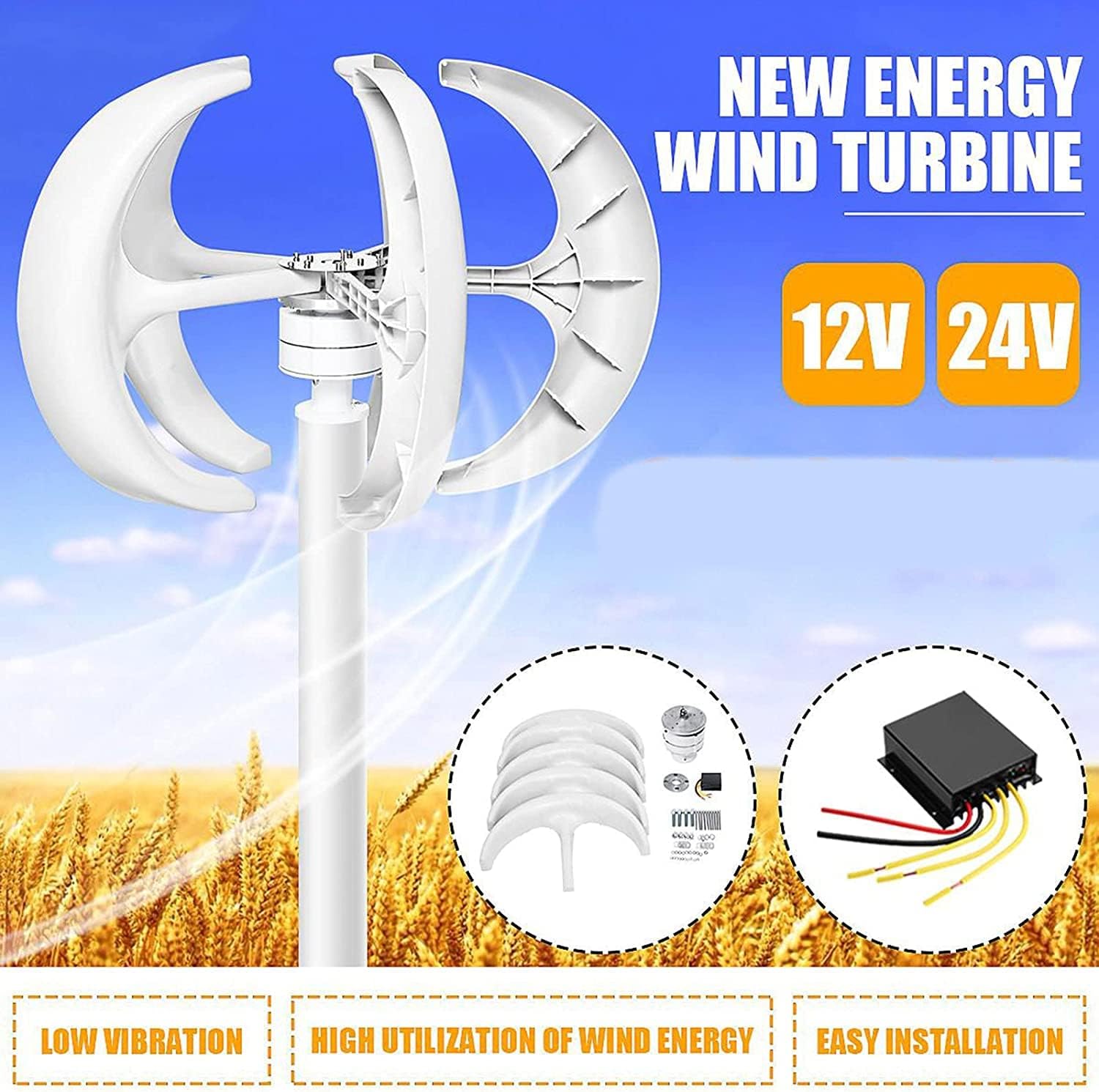 LiuSj JUnSt 8000W Vertical Axis Wind Generator +Controller, 12V 24V Wind Turbines Generator for Home Hybrids Streetlight