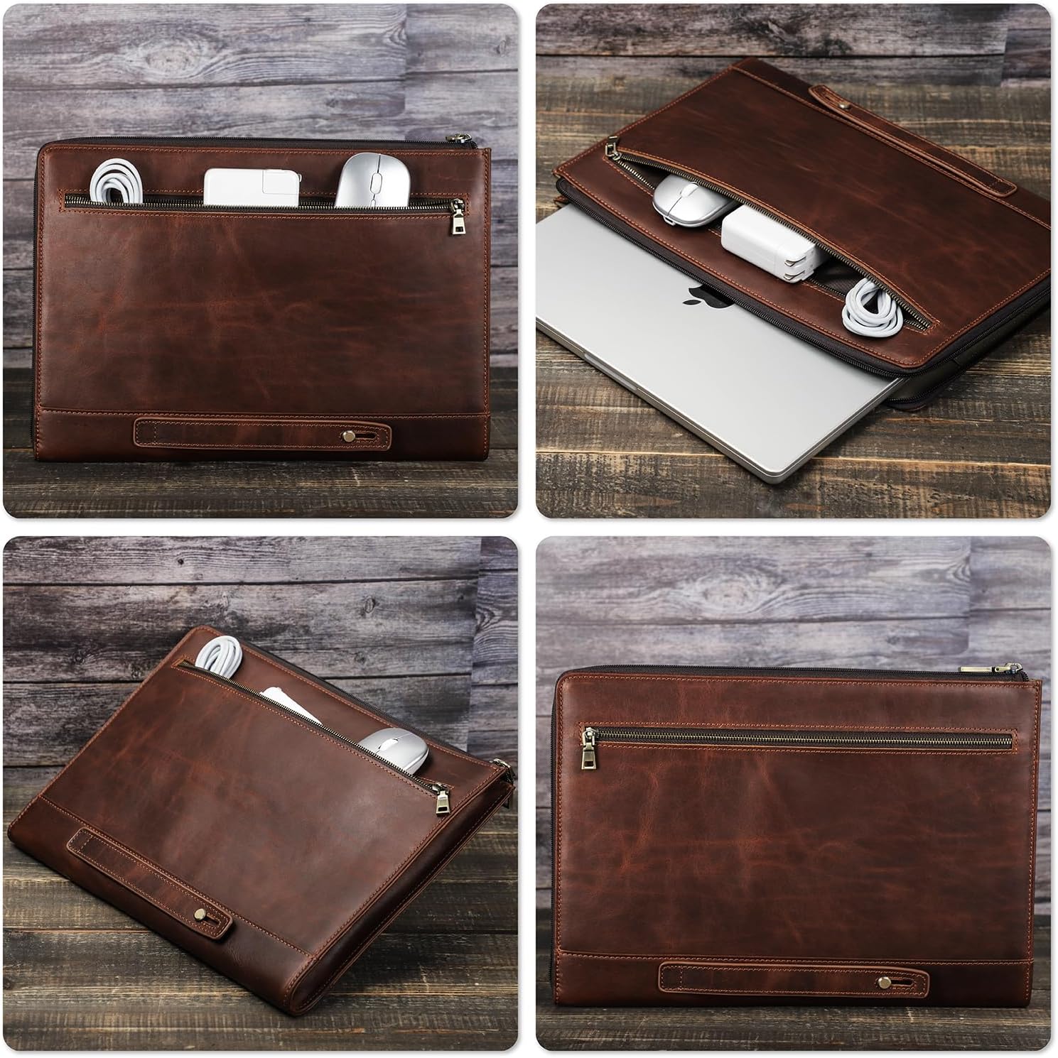 Top Grain Leather Text Customizable Laptop Sleeve Bag, Vintage Design with Multiple Pockets, Fully Handmade, Compatible with MacBook Pro/Air & iPad Pro/Air & Other PC & Accessories