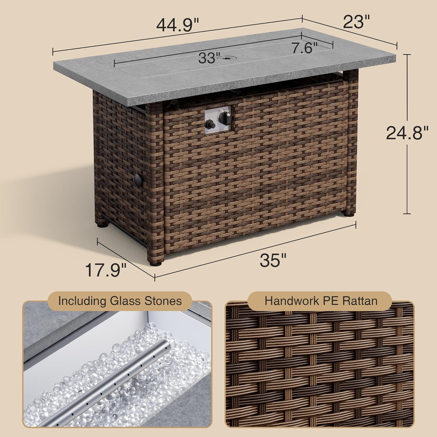 45'' Gas Fire Pit Table, Outdoor Gas Fire Pit with Hand-Woven PE Rattan, Glass Stones,Lid, 2 in 1 Fire Pit Table Gatherings Parties for Patio Deck Garden