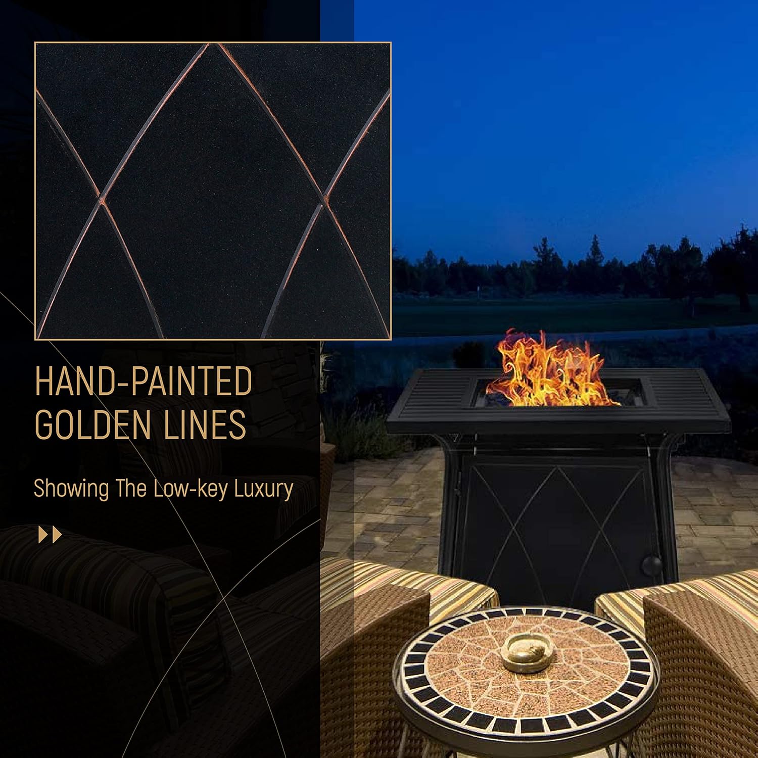 MFSTUDIO 28 Inch Gas Fire Pit Table,50000 BTU Propane Steel Striped Square Handpainting Treatment Fire Table with Lid and Blue Glass for Patio,Backyard and Balcony,Black