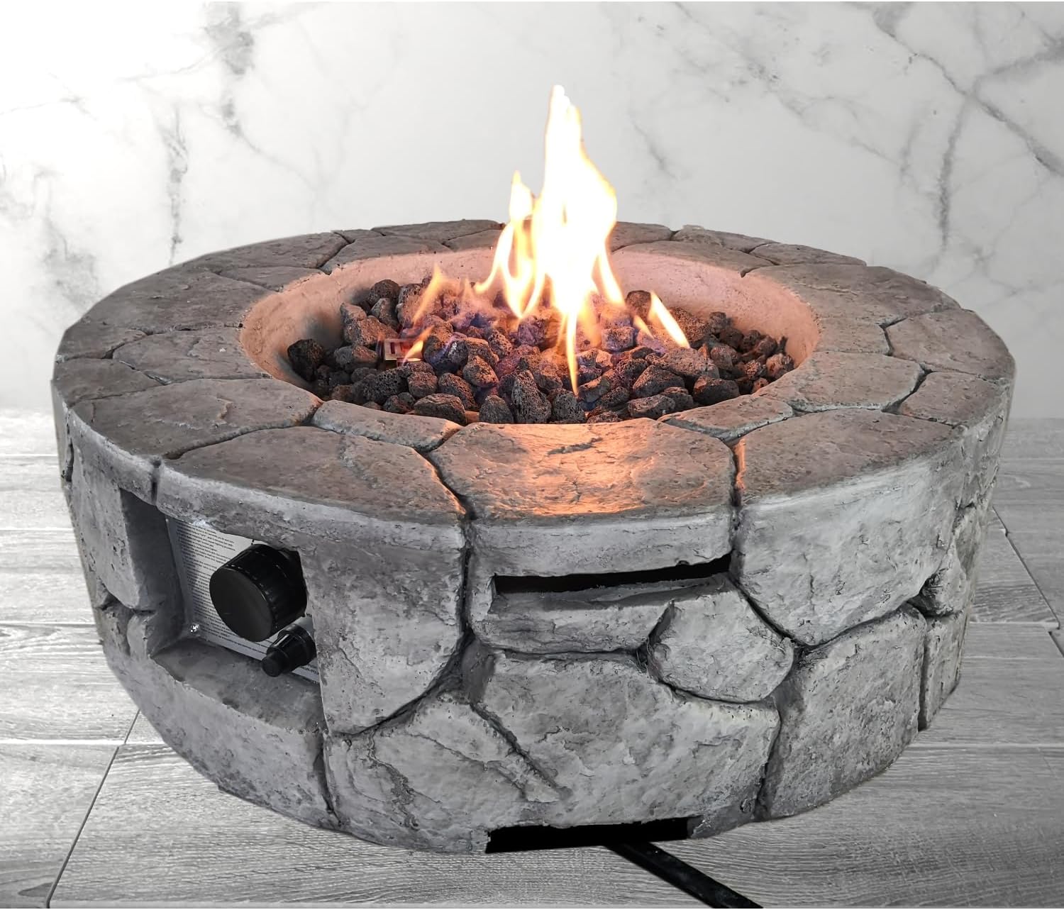 28'' Modern Outdoor Fire Pit: Fiber Reinforced Concrete & Stainless Steel - 40,000 BTU Propane/Natural Gas Heater for Patio & Backyard - Includes Storage Cover & Stone Filler
