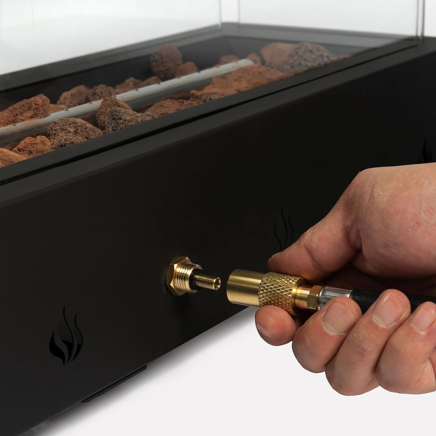 Penau 28 Inch Portable Tabletop Fire Pit, Propane Outdoor Fire Pit with Glass Wind Guard, Adjustable Flame, and Lava Rocks