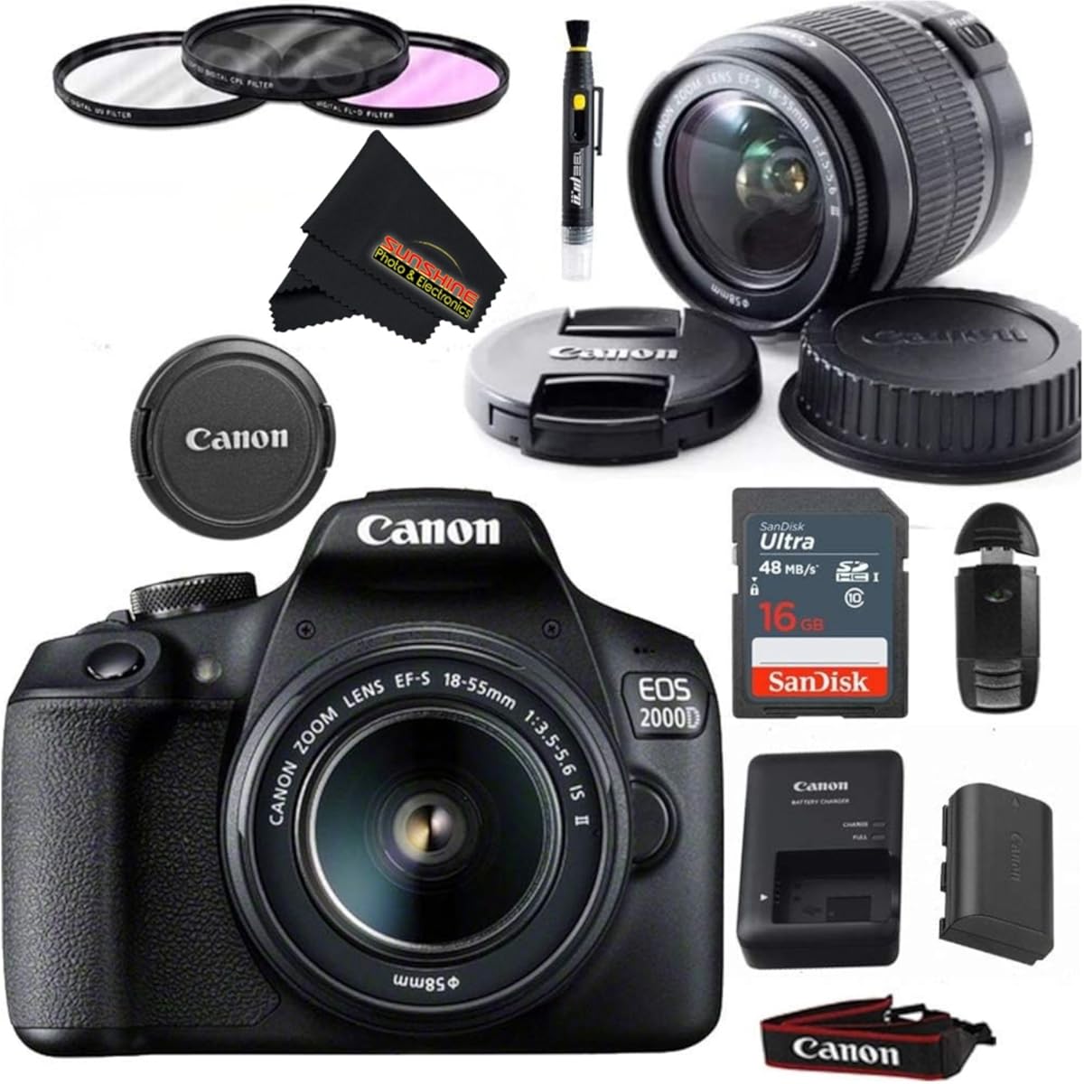 Canon EOS 2000D (Rebel T7) Digital SLR Camera with 18-55mm Lens Kit (Black) - Basic Accessories Bundle of Scandisk 16GB SD Card + SD Card Reader + 58mm 3pcs Filter Kit + Brush Pen (Renewed)