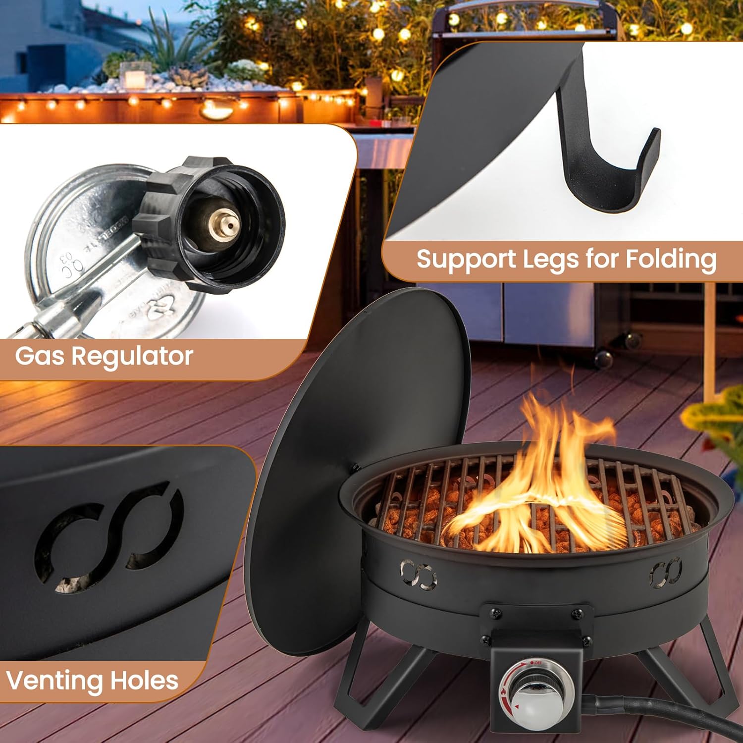 Tangkula 17 Inch Tabletop Propane Fire Pit, 58,000 BTU Gas Firepit with Folding Legs & Removable Grill, Carrying Bag, Lava Rocks & Tank Seat Included, Portable Fire Bowl for Backyard, Camping