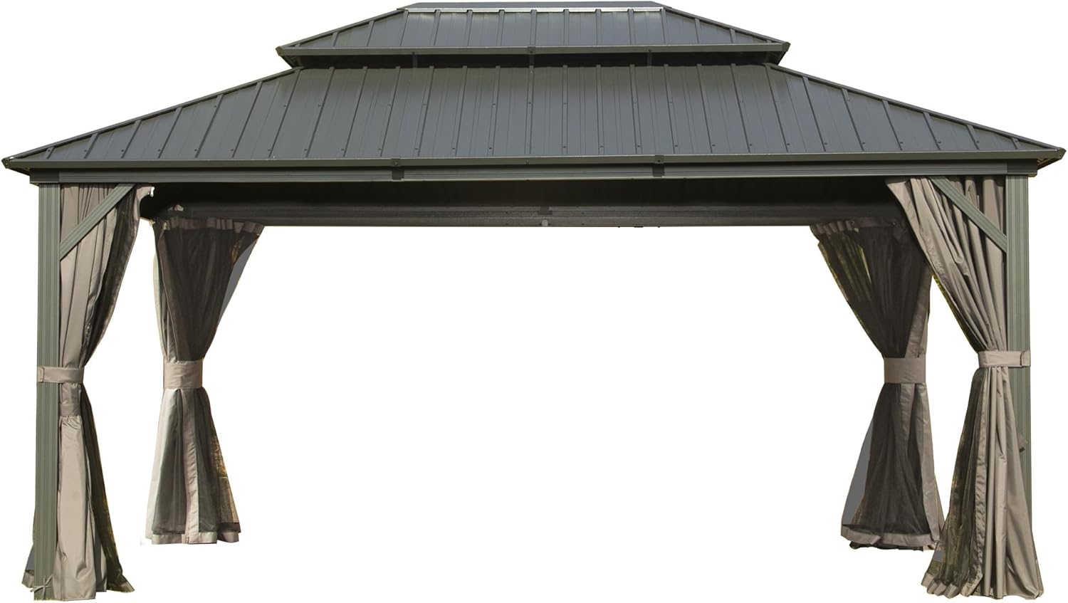 10x14 Ft Hardtop Aluminum Galvanized Steel Double Roof Canopy with Curtain Netting, Permanent Gray for Patio, Backyard, Deck, Lawn