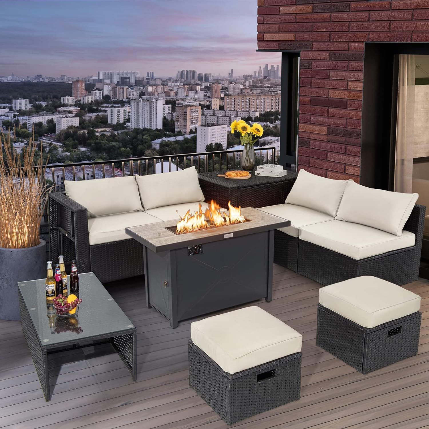 Tangkula 9 Pieces Outdoor Wicker Sectional Sofa with 42” 60,000 BTU Gas Fire Pit Table, Space-Saving Patio Conversation Set with Storage Box, Propane Fire Table, Waterproof Cover Included (Off White)