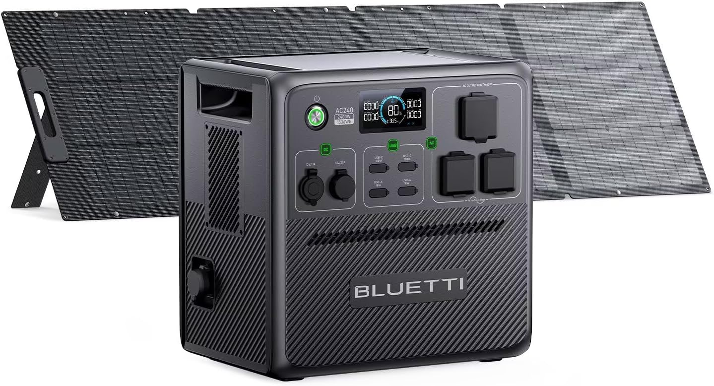 BLUETTI Pioneer 150 (AC240) Solar Generator with 200W Panels (Ships Separately), 1536Wh/2400W, Expandable to 10136Wh, IP65 Water Resistant LFP Battery, Portable Power Station for Camping, Home, RV