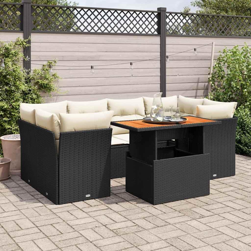 7-Piece Garden Sofa Set in Black and Cream White with PE Rattan and Adjustable Feet for Outdoor Patio Furniture, Modern Seating with Hidden Storage and Washable Cushions,