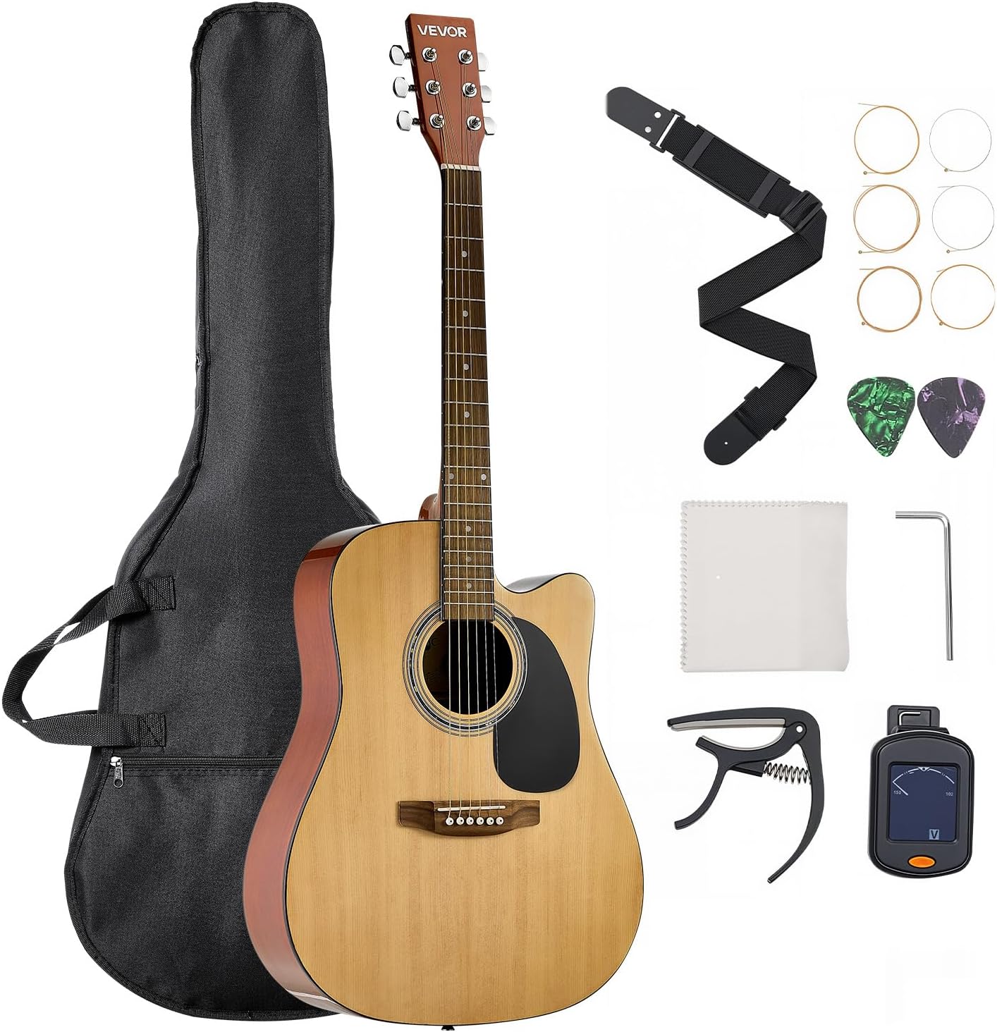VEVOR Cutway Acoustic Guitar, 41 in, 6-String, Natural Solid Spruce Top Guitar, Beginner Bundle with Gig Bag, Tuner, Strap, Steel Strings, Picks, Capo, Rosewood Fingerboard, for Fingerstyle Solo Jazz