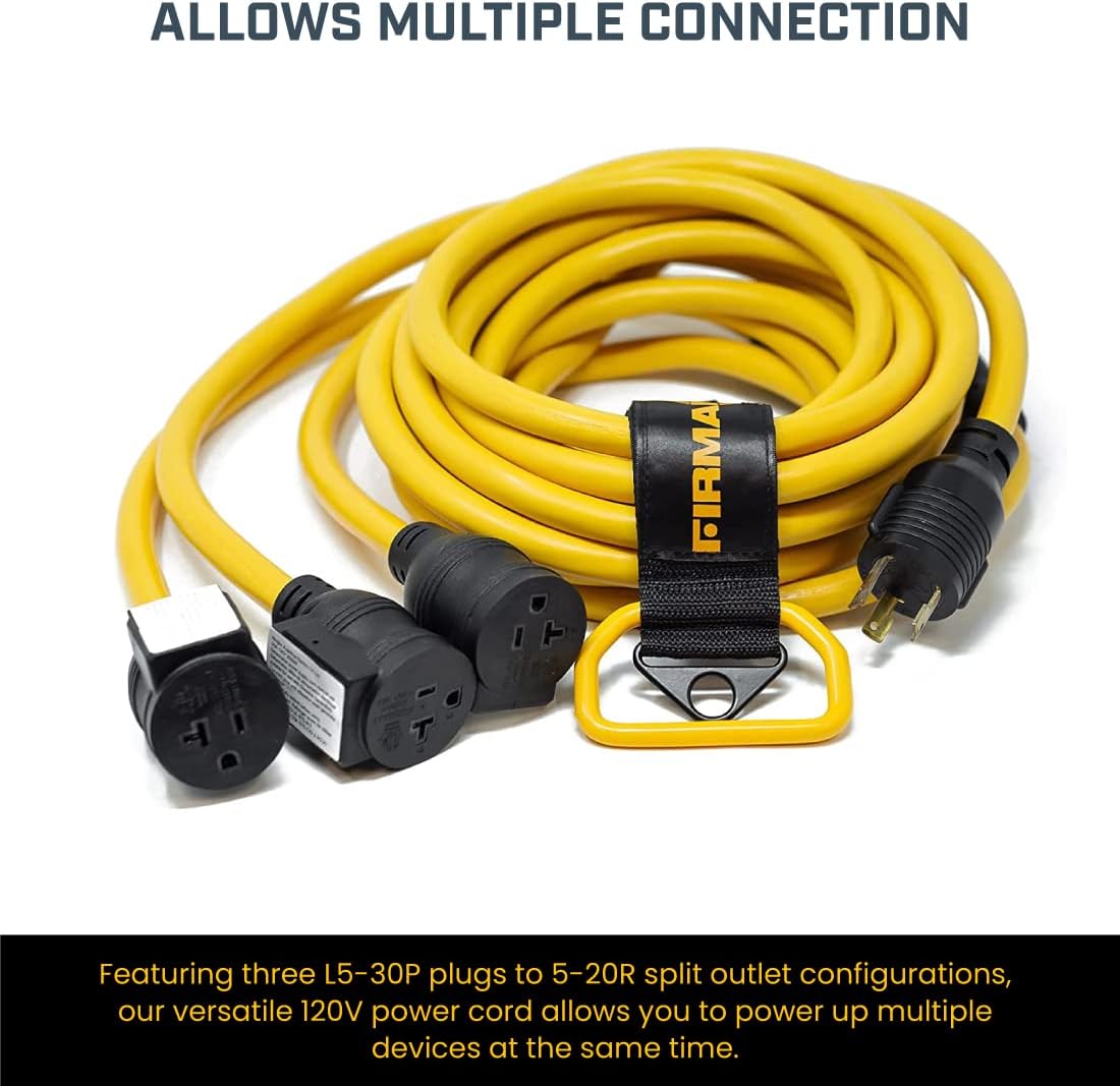 Firman 1105 30 Amp Generator Power Cord (L5-30P to 3x5-20R), Black