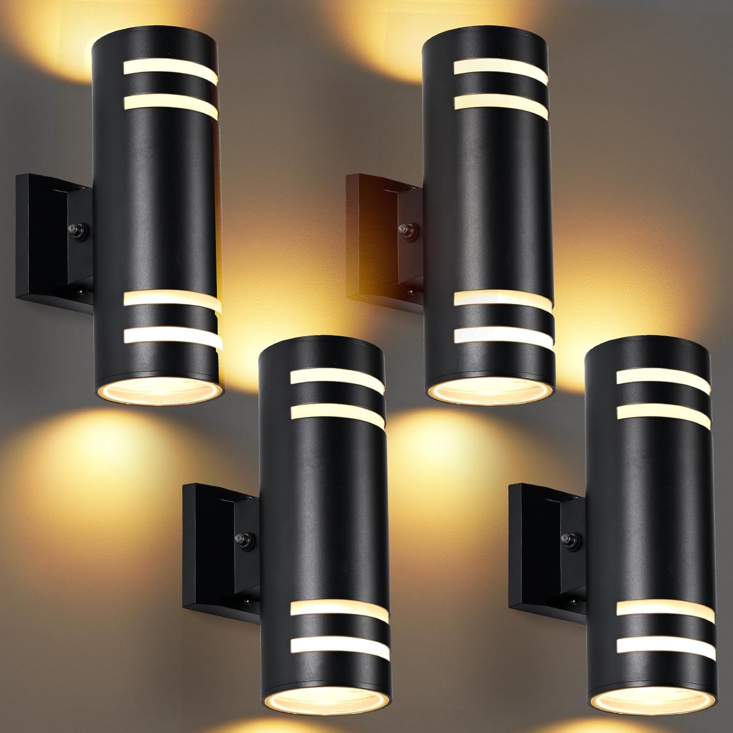 Dusk to Dawn Wall Light 4 Pack, Modern Outdoor Wall Lights with LED Bulbs, Cylinder Black Porch Light Fixture Wall Mount, Up and Down Lighting Outdoor Wall Sconce for House Porch Door