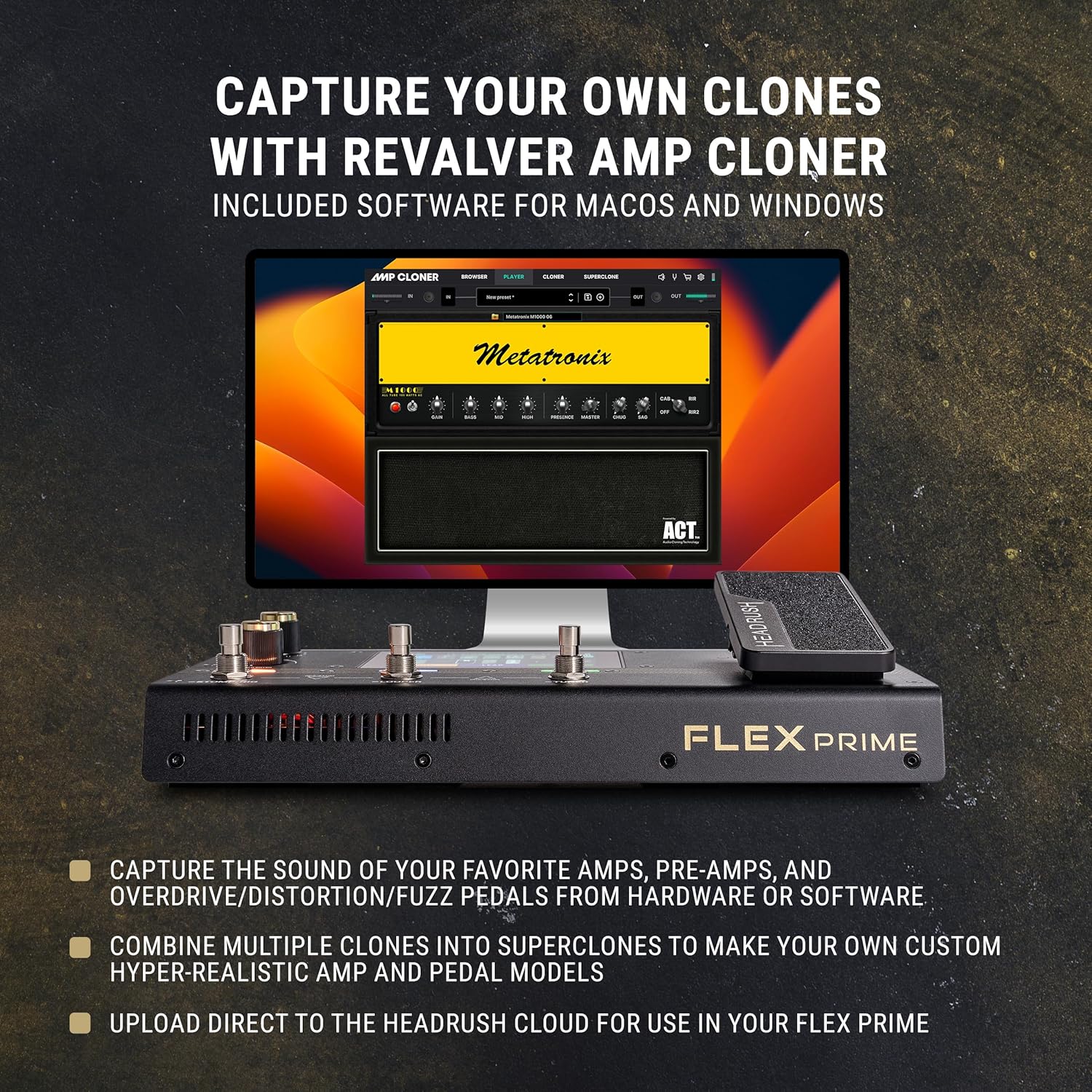 HeadRush Flex Prime - Guitar and Bass Multi Effects Pedal and Amp Modeling Processor with Touchscreen, Looper, Wi-Fi, Bluetooth, IR Loader, USB, Lessons