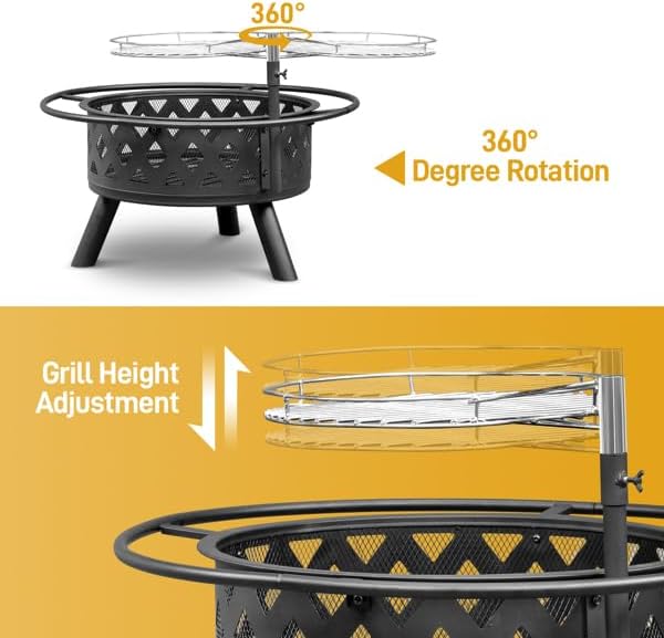 30 Inch with 1 Grill, Outdoor Fire Pit Ring with 1 Fork, Fire Ring for Outside Fire Pit with Ash Tray, Wood Burning Fire pits & Outdoor Fireplaces for BBQ, Party, Picnic