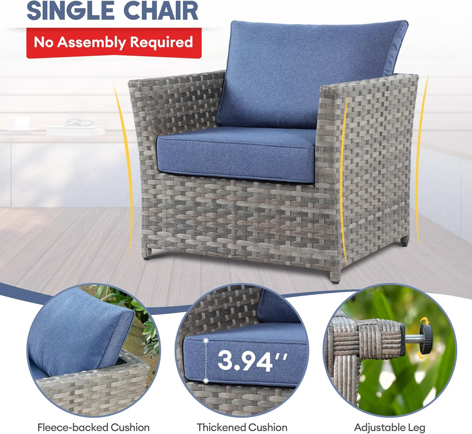 Patio Conversation Set, 10-Pieces Outdoor Sectional Sofa with 42 Inch Fire Pit Table, Rattan Sectional Sofa Set for Backyard (Denim Blue)