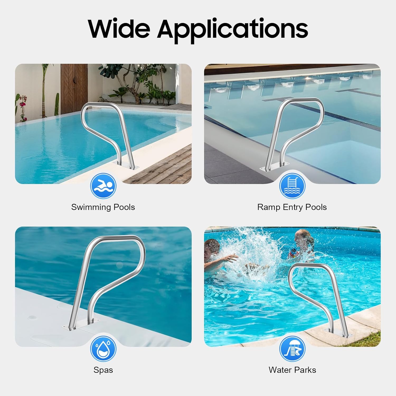 Pool Rail Pool Railing 304 Stainless Steel 264.55 LBS Load Capacity Silver U-Shaped Handrail Humanized Swimming Pool Handrail with Blue Grip Cover & Other Accessories