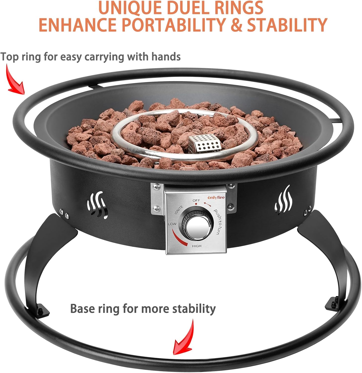 ONLYFIRE OUTDOOR LIVING Propane Gas Fire Pit 22¡±, Portable Smokeless Fireplace with 12Ft Hose & Lava Rocks, FirePit for Patio Backyard Bonfire Camping RV Tailgating Beach Party, 55000BTU, #FP001
