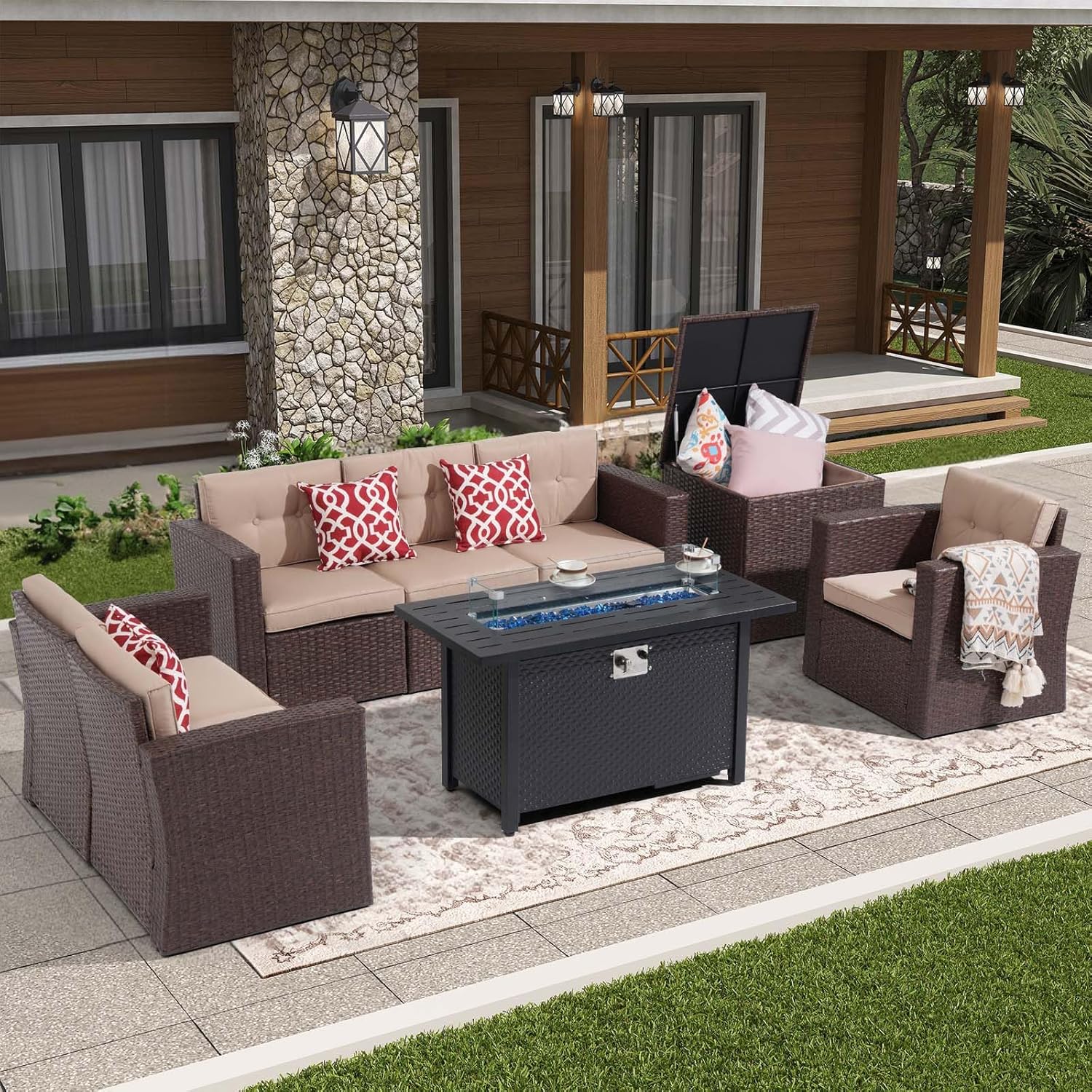 Super Patio 8 Pieces Outdoor Patio Furniture Set with 45” Fire Pit Table, Rattan Patio Conversation Sets with 50000 BTU Gas Fire Pit, Wicker Sectional Sofa Set with Storage Box, Brown(Without Table)