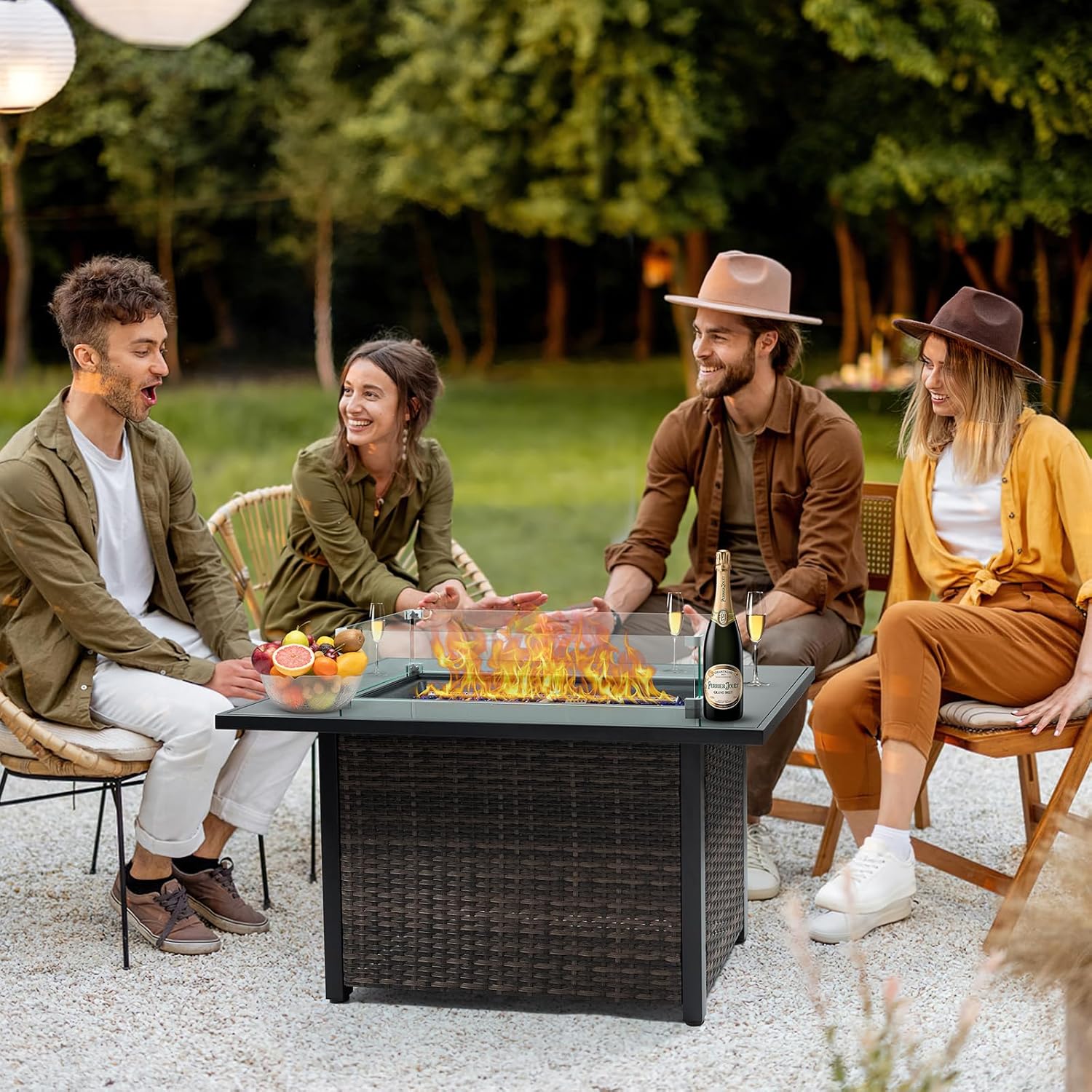 50,000 BTU Outdoor Propane Gas Fire Table - 44-Inch Square Fire Pit with Lid, Glass Wind Guard & Weather-Resistant Wicker Base for Patio, Backyard, Garden Heating