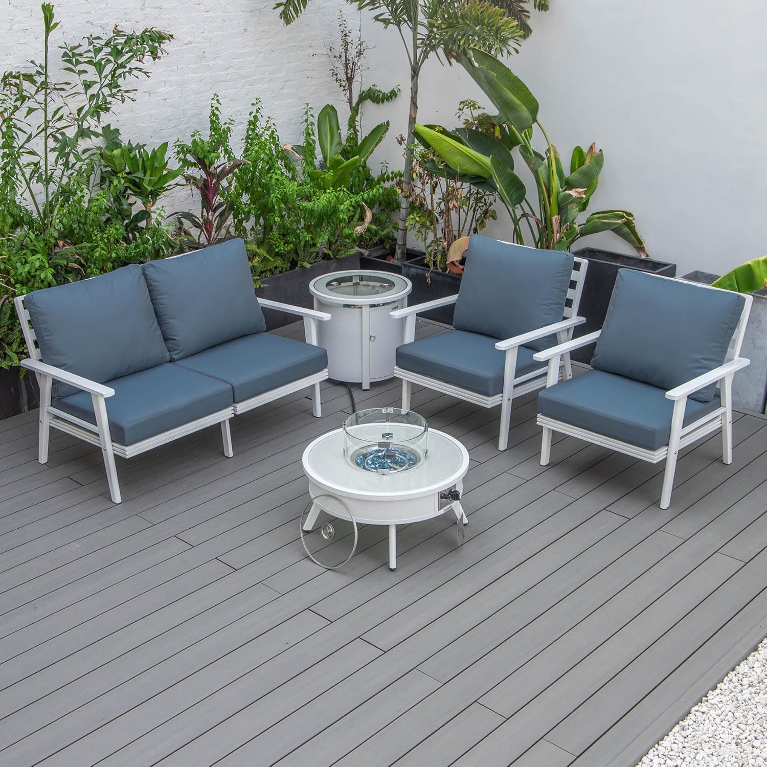 LeisureMod Walbrooke Modern Aluminum 5-Piece Patio Conversation Set with Outdoor Round Firepit Side Table Tank Holder, Navy Blue