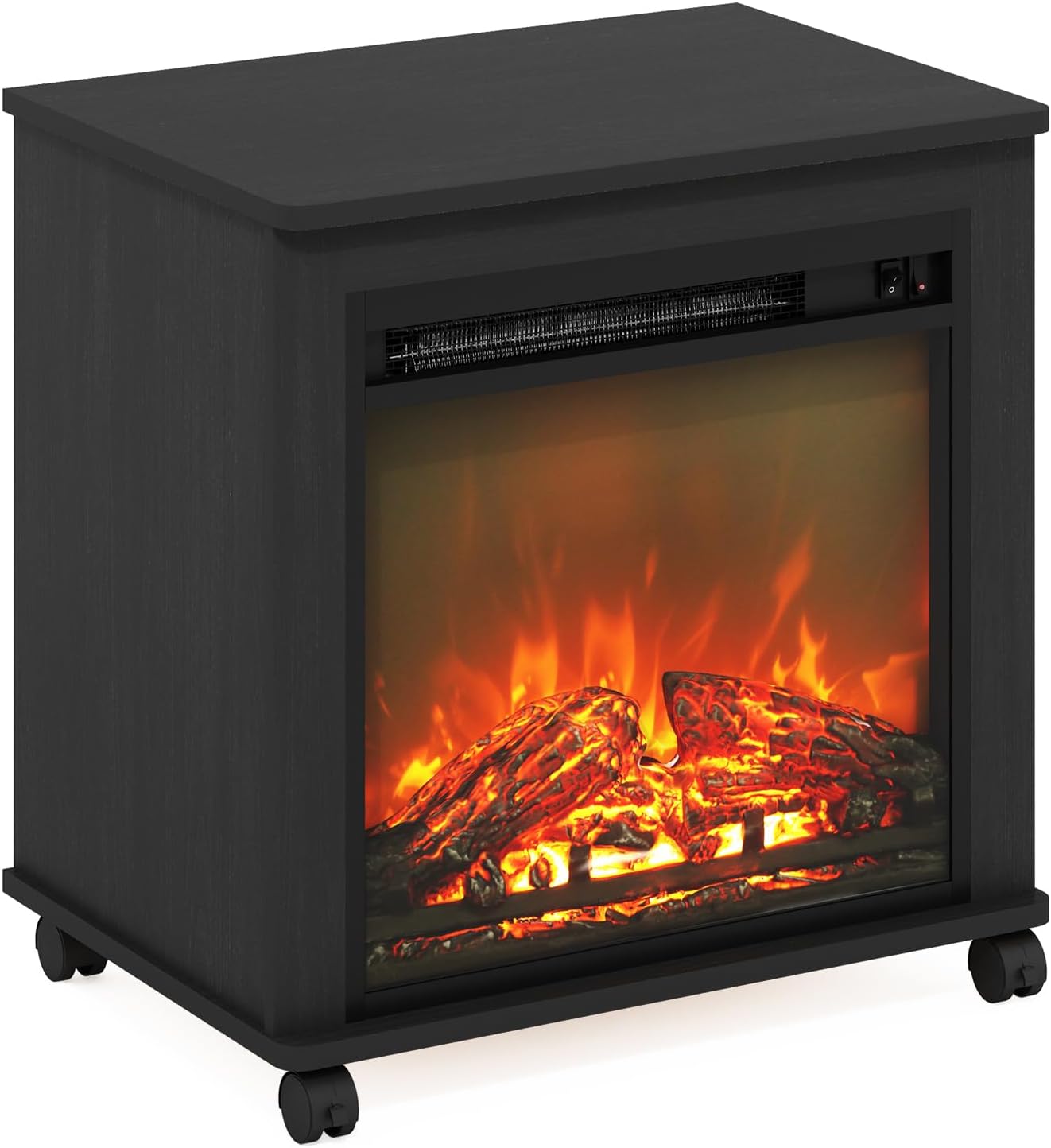 Furinno Jensen Side Table, Fireplace End Table with Wheels, Electric Fireplace Night Stand, Bedside Table, for Living Room, Bedroom, Americano